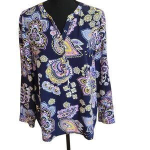 Talbots Womens Floral Paisley Long Sleeve Popover Blouse Top Blue Large Petite